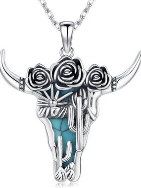 Women's Silver E Sterling Turquoise Pendant Highland Cow Skull Western Necklace